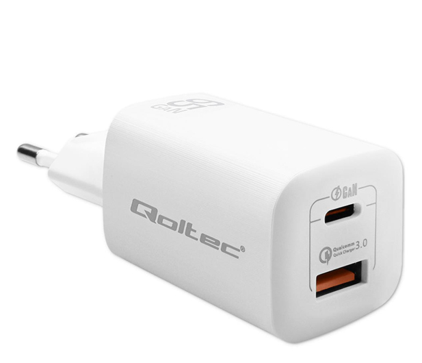 QOLTEC Ładowarka sieciowa 65W GaN ULTRA | 5-20V | 2.25-3.25A | 1 x USB typ C PD | 1 x USB QC 3.0 | Biała 50765 - 1213314 - zdjęcie